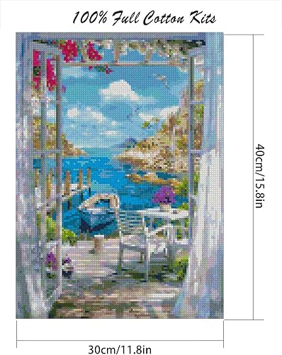 Musevial Kit de broderie au point de croix estampé avec vue sur la mer, kits de décoration au point de croix pour adultes et débutants, 30,5 x 40,6 cm - Nail Gallerys