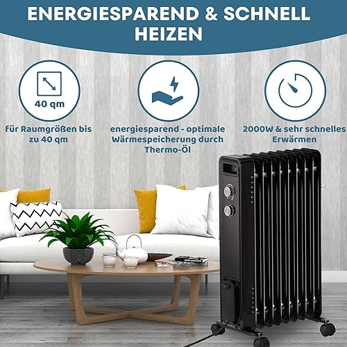 STAHLMANN Radiateur à Huile ZR201 - 2000 W - Chauffage Électrique Économe en Énergie - Jusqu'à 40 m² - Thermostat et 3 Niveaux de Chauffage - Nail Gallerys