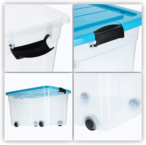 KADAX Boîte de rangement en plastique transparent avec roulettes de 40 l, organisateur avec couvercle, boîte à clip pour jouets, boîte de rangement avec fermeture à clic - Nail Gallerys