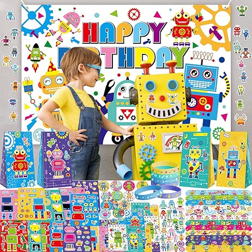 Lilwemen Robot Party Favors - Thème robot - Décoration d'anniversaire de fête - Sacs cadeaux - Bracelets en caoutchouc - Autocollants - Broche à bouton - Autocollants pour garçons et filles - Nail Gallerys