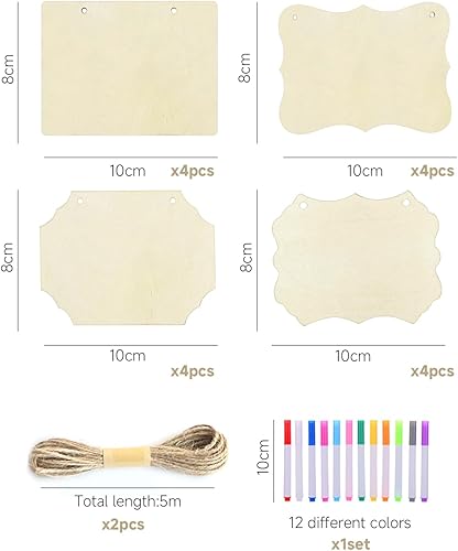 Lot de 16 panneaux en bois, 2 cordes de chanvre, 12 stylos colorés, copeaux de bois suspendus multicolores, panneaux de porte en bois, panneaux vierges à faire soi-même, panneaux suspendus en bois - Nail Gallerys
