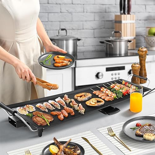 SOARS Plancha Électrique 1800W, Barbecue Électrique 90 X 23 CM, Revêtement Antiadhésif, Température Réglable sur 5 Niveaux, 6 Petites Spatules en Bois & 2 Anneaux Antiadhésifs Inclus, 8 Personnes Max - Nail Gallerys