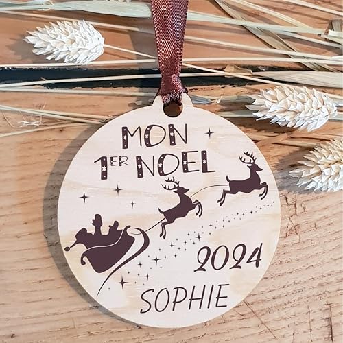 Décoration de Sapin Mon Premier Noël en Bois personnalisée avec Le prénom de l'enfant (Une Alternative à la Boule 1er noël en Verre, Personnalisation Offerte) BBR19 - Nail Gallerys