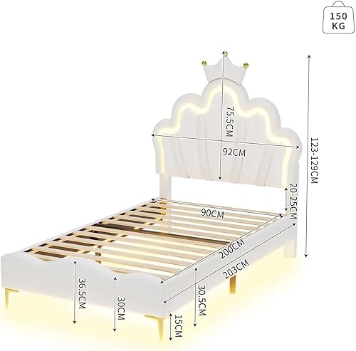 YEHTOKHOME Lit Rembourré avec lumières LED réglables et Tête réglable en Hauteur,Moderne lit de Princesse avec moulure en Couronne,PU(sans Matelas) (Rose 1, 90x200cm) - Nail Gallerys