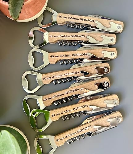 décapsuleur en bois personnalisable-ouvre bouteille personnaisé-cadeau anniversaire mariage témoin EVJF EVG cadeau parrain-gravure laser-texte et symbole au choix- pour maison cuisine bar - Nail Gallerys