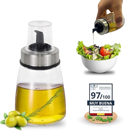 CAVECA Huilier en verre anti-goutte pour cuisine 200 ml avec nouveau versement + cadeau, huilier traditionnel en verre 100 % recyclé et fabriqué en Espagne, distributeur d'huile de cuisine, bouteille - Nail Gallerys
