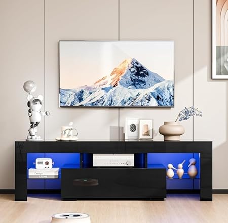 Bonnlo Meuble TV avec LED, Banc TV, Noire, Meuble TV avec Rangement, Meuble télé pour Salon, Chambre, 130 x 35 x 45cm (Blanc) - Nail Gallerys