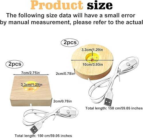 Lot de 4 socles lumineux LED en bois - USB - Pour verre acrylique - Couleur chaude - Base en bois - Carré / rond - Pour cristal, verre, acrylique - Bijoux en résine (carré) - Nail Gallerys