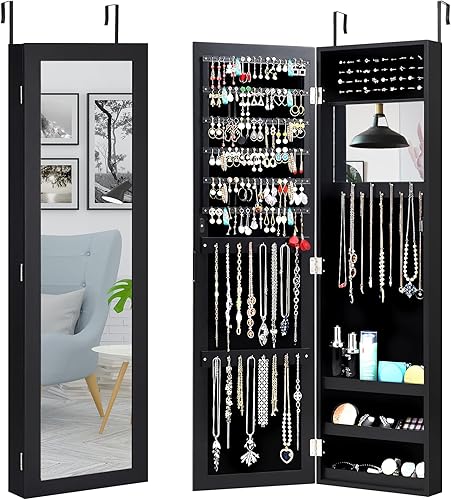 HOMASIS Armoire à bijoux avec miroir mural ou porte, armoire à bijoux avec miroir entier, miroir à bijoux avec 2 miroirs pour maquillage, organisateur de bijoux (Noir) - Nail Gallerys