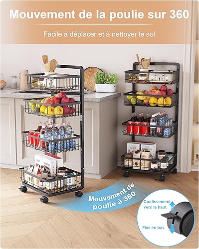UMDONX Chariot de Cuisine Métallique 4 étages, Desserte de Service à roulettes, Panier de Fruits et Légumes pour Cuisine Chambre Salon Bain, Noir 42 x 32 x 87 CM - Nail Gallerys