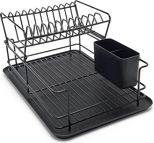 simplywire - Égouttoir à Vaisselle à Deux Niveaux - Égouttoir à Assiettes et Porte-Couverts Amovibles - Noir - Nail Gallerys