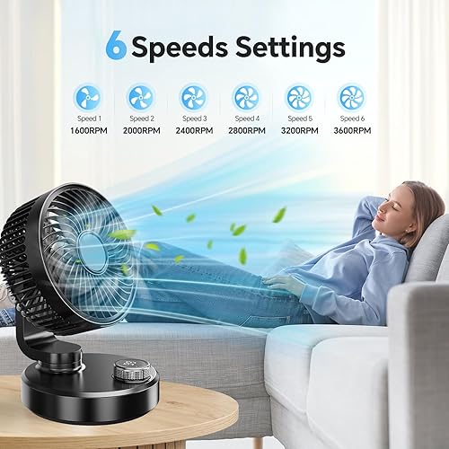 Ventilateur de Bureau Petit Ventilateur Oscillant Silencieux 6000mAh Batterie Ventilateur Portable Rechargeable 6 Vitesses Écran LCD Mini USB Ventilateur Table pour Bureau Maison Camping(Noir) - Nail Gallerys