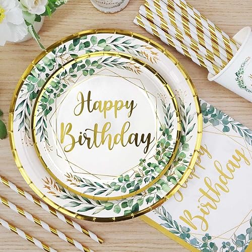 Heboland Set Vaisselle Anniversaire Verte pour 25 Invités, 125pcs Vaisselle de Fête Assiette Anniversaire Vert Sauge, Serviette, Pailles, Tasse pour Decoration Garçons Filles Femmes Fête - Nail Gallerys