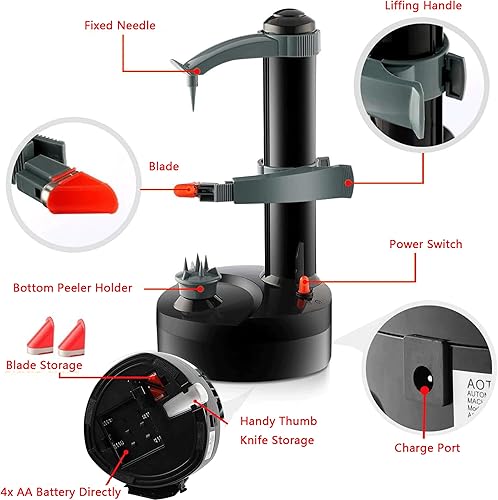 Éplucheur de Pommes de Terre Électrique, Éplucheur de Fruits et Légumes Automatique avec 6 Lames de Rechange, Adaptateur 6V Inclus - Nail Gallerys