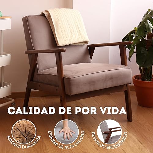 HOME DESIGN & CONFORT Fauteuil Roma anti-taches de style nordique - Fauteuils de salon en bois massif - Fauteuil de chambre (beige/noyer) - Nail Gallerys