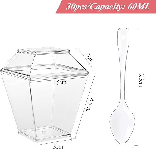 Dawumin 30 Pièces Verres à Dessert en Plastique de 60 ml, Réutilisables Avec 30 Couvercles et Cuillères, Transparents Carrés pour Pudding, Mousse, Crème Glacée, Anniversaire, Mariages - Nail Gallerys