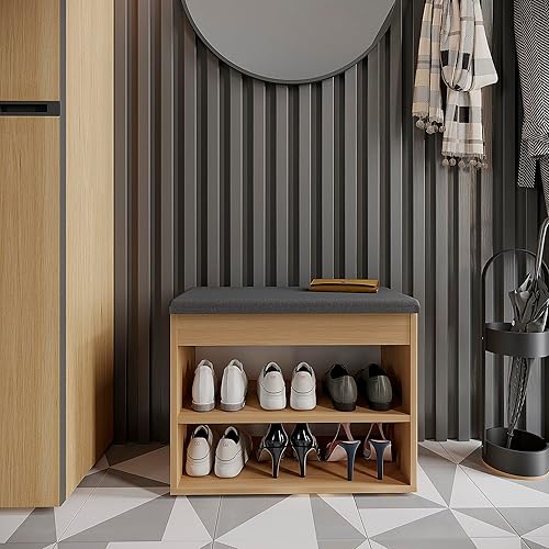 Komto Banc à Chaussures avec Assise Rembourrée – Meuble de Rangement Noyer 60 x 48 x 32 cm pour Entrée, Couloir ou Chambre, Rangement Compact avec Coffre - Nail Gallerys