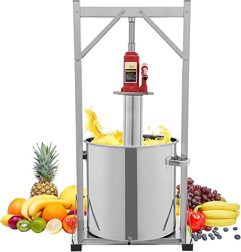 Presse à fruits 36 l - Presse-vin - Pression 3T - En acier inoxydable - Avec pelle filtrante - Support - Pelle extérieure et cric hydraulique - Pour presser les légumes, le vin, la purée - Argenté - Nail Gallerys