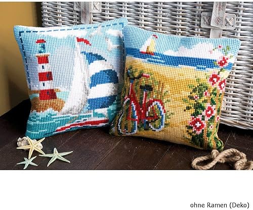 Vervaco Kit coussin au point de croix Phare, 40.0 x 40.0 x 0,3 cm, [« Bleu », « Blanc »] - Nail Gallerys