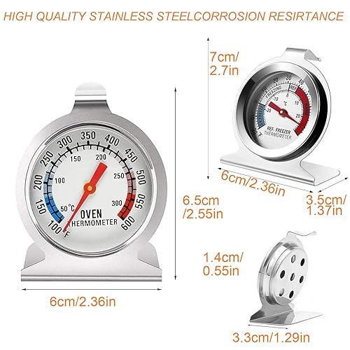 2 Pcs Thermomètre Grand Cadran en Acier Inoxydable, 1 Pcs Thermomètre de Four & 1 Pcs Thermomètre de Réfrigérateur, Thermomètre de Cuisson au Four pour Cuisine, Thermomètre de Congélateur - Nail Gallerys