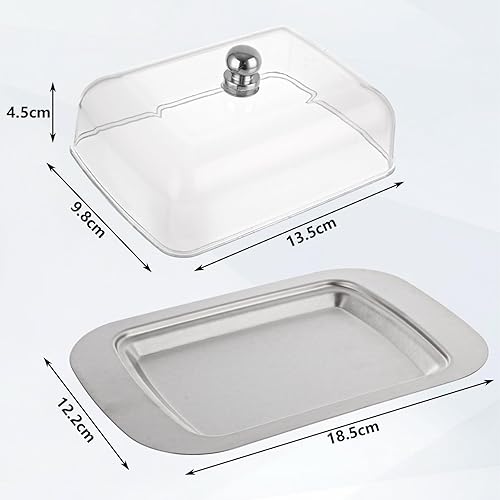 ASelected Beurrier en acier inoxydable avec couvercle transparent et poignée - 18,5 x 12,2 x 6,7 cm - Bol à dessert - Boîte à pain au fromage avec couvercle - Récipient à beurre pour beurre, fromage - Nail Gallerys