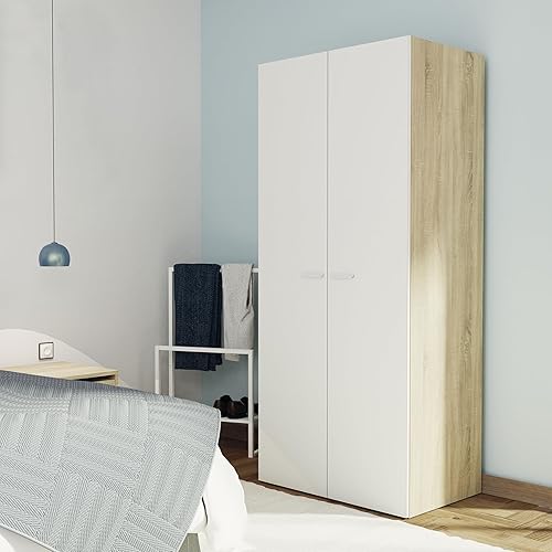 Muebles Pitarch | Armoire de Chambre 2 Portes, Blanc et Chêne Cambrian, 180x79x52 cm (hauteur x largeur x profondeur), Meuble Auxiliaire Moderne, Collection Tibet - Nail Gallerys