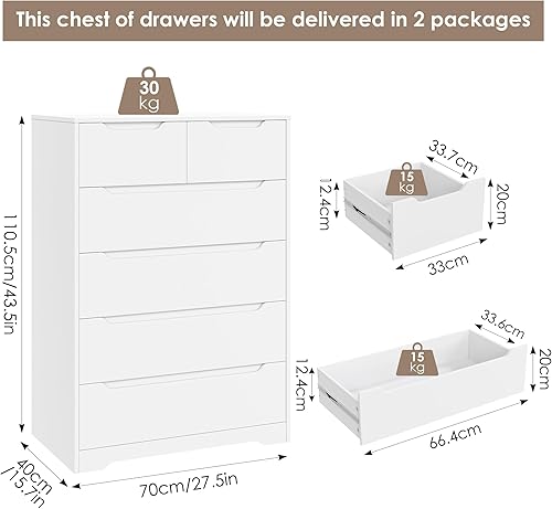 HOCSOK Commode 6 Tiroirs, Meuble de Rangement pour Chambre, Armoire à Tiroirs Chambre Adulte, Buffet de Rangement pour Cuisine, Salle à Manger, Salon, Couloir, Blanche, 110.5 x 70 x 40 cm - Nail Gallerys