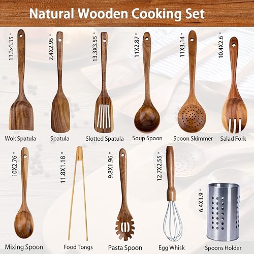 Ustensiles de cuisine en bois avec porte-serviette, cuillère et spatule en teck pour cuisiner une cuisine saine et naturelle (11 pièces) - Nail Gallerys