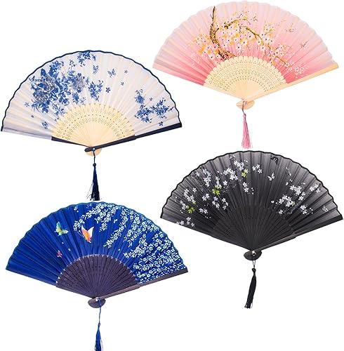 XXJXING Lot de 4 éventails chinois pliables, pour fêtes d'anniversaire, mariages, danses, décoration DIY (4) - Nail Gallerys