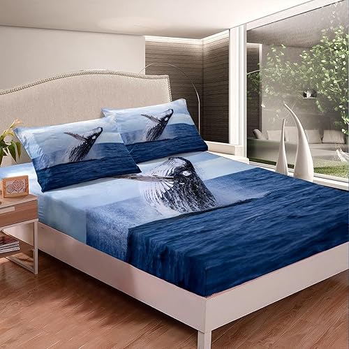 Drap Housse 90x190 cm Baleine, 3D Océan Bleu Drap-Housse en Microfibre, Drap Plat 1 Personne, Drap Housse avec 2 Taie d'oreillers pour Matelas Épais CL1994 - Nail Gallerys