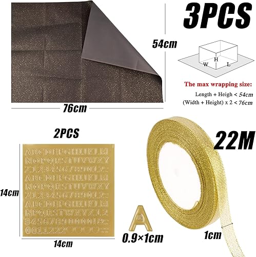 3PCS Papier d'Emballage Noir 54 x 76cm + Autocollant du Lettre + Ruban de Soie Or pour Cadeau Emballage Mariage Naissance Anniversaire Fête Halloween Carnaval - Nail Gallerys
