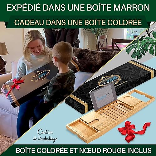 SereneLife Plateau Baignoire - Bambou - Pont Baignoir- Plateau Salle de Bain Extensible - Réglable avec Support pour Appareil/Livre - Planche de Bain - avec Coffret Cadeau de Luxe - Nail Gallerys