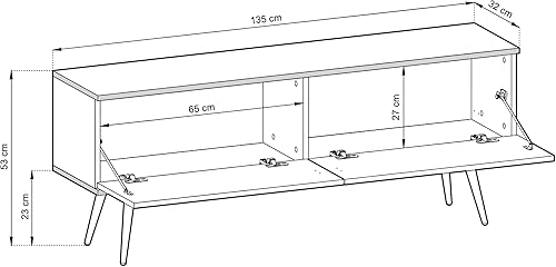 Meuble TV avec lamelles en Couleur Blanc avec Pieds en Or D : L : 135 cm, H : 53 cm, P : 32 cm - Nail Gallerys