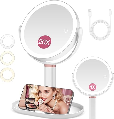 Miroir Grossissant Lumineux 20X/1X 2 Côtés, Mirroir Maquilleur Lumineux, Mode D'éclairage Tricolore Luminosité/Hauteur Réglable, Miroir de Courtoisie avec éclairage et Grossissement pour Les Voyages - Nail Gallerys