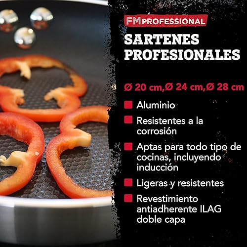 FMprofessional Lot de 3 poêles professionnelles 20/24/28 cm, aluminium léger et résistant, adaptées pour l'induction et tous types de feux, double couche, structure en nid d'abeille - Nail Gallerys