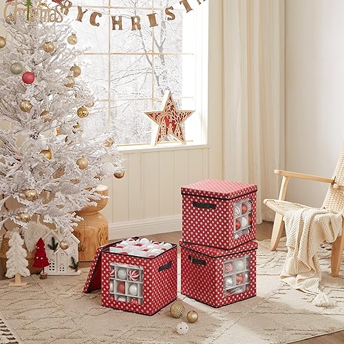SONGMICS Lot de 3 Boîtes de Rangement pour décorations de Noël, Coffre pour Boules de Noël, 64 Compartiments, séparateurs modulables, 30,5 x 30,5 x 30,5 cm, Rouge RFB029R01 - Nail Gallerys