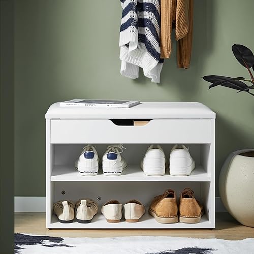SoBuy Banc de Rangement à Chaussures, Meuble d'Entrée avec Siège Rembourré, Commode à Chaussures avec 2 étgères et 1 Couvercle Rabattable, pour Salon, Chambre, Blanc, L60xP30xH44 cm, Blanc, FSR25-W - Nail Gallerys