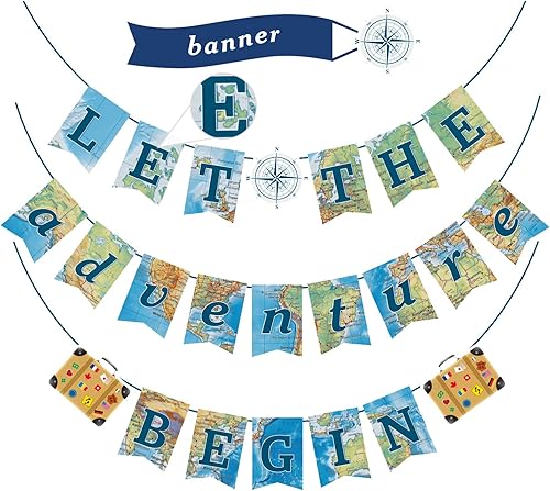 TSHAOUN 3 Pièces Décorations Bon Voyage - Fanion Carte du Monde, Banderoles Let The Adventure Begin, Bannière de Finissants Scolaires pour Fête sur le Thème - Nail Gallerys