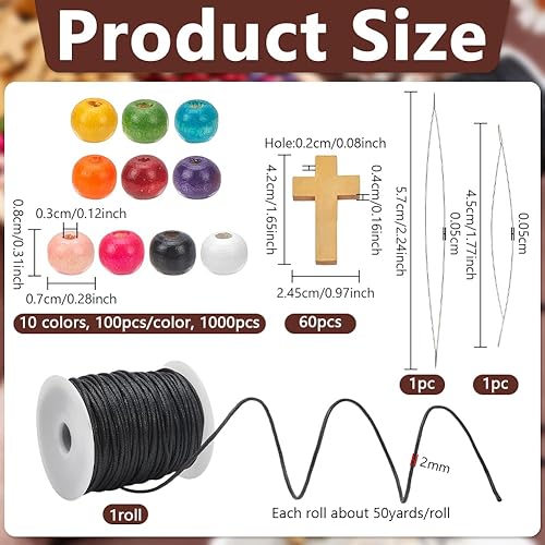 nbeads 1000 Pcs 10 couleurs kit de Fabrication de Bijoux, Perles Rondes en Bois Pendentifs en Croix en Bois avec Aiguille à Perles et Fil de Coton Fabrication de Bracelets Colliers Bijoux - Nail Gallerys