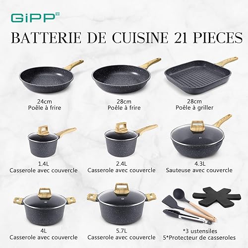 GiPP Lot de 21 Casseroles et Poêles, Batterie de Cuisine avec Revêtement AntiadhéSif en Granit, Sans PFOA/PFOS, Poêle/Wok/Poêle Grill/Poêle à Omelette/Marmite/Faitout pour Gaz Induction, Gris - Nail Gallerys