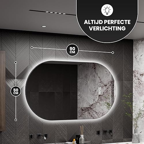 Bayt Miroir de salle de bain - Miroir mural ovale avec éclairage - Anti-buée - 2 modes d'éclairage - 50 x 90 cm - Blanc - Nail Gallerys