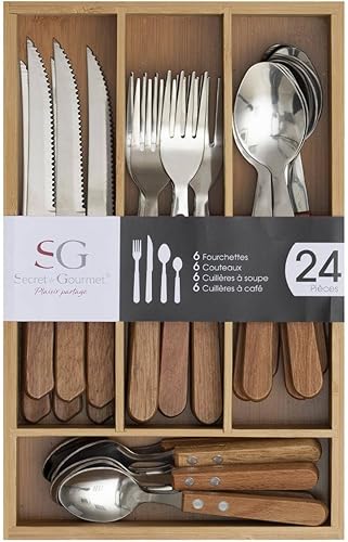 Secret de gourmet - Ménagère en INOX 24 Pièces avec Range-Couverts en Bois Collection Cadence - Nail Gallerys