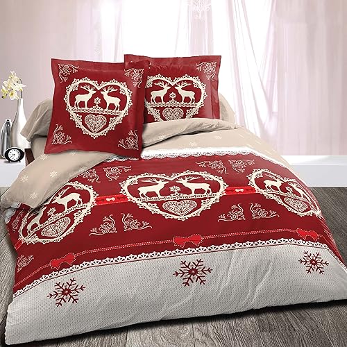 Housse de Couette avec taie Chalet Winter Rouge/Parure de lit 2 Personnes/Coton/Esprit Montagne (220_x_240_cm) - Nail Gallerys