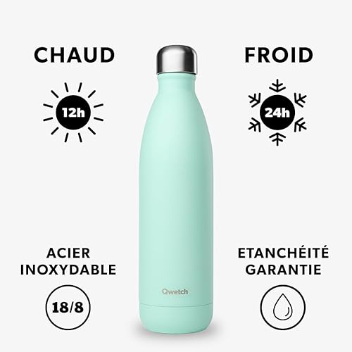 Qwetch - Bouteille Isotherme Originals Vert Pastel 1L - 24h Froid et 12h Chaud - Etanche, Sans BPA & Réutilisable - Gourde inox isotherme pour Sport, Voyage, Bureau, Randonnée - Nail Gallerys