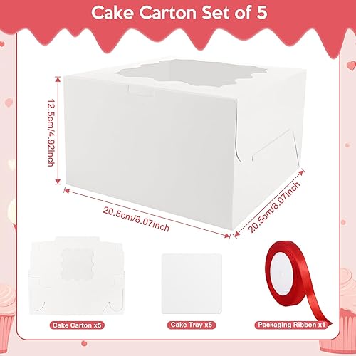 Piaxle Boite a Gateau Carton 20.5x20.5x12.5cm 5 Sets Boite a Gateau Transportable Blanc avec Cake Board et Ruban Cadeau Boite Gateau Carton pour Gâteaux Desserts (8x8x5inch) - Nail Gallerys