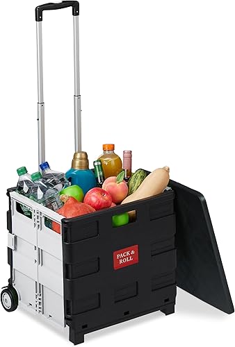 Relaxdays Chariot de Courses Pliable, avec poignée télescopique, Couvercle et roulettes, jusqu'à 35 kg, Noir/Blanc - Nail Gallerys