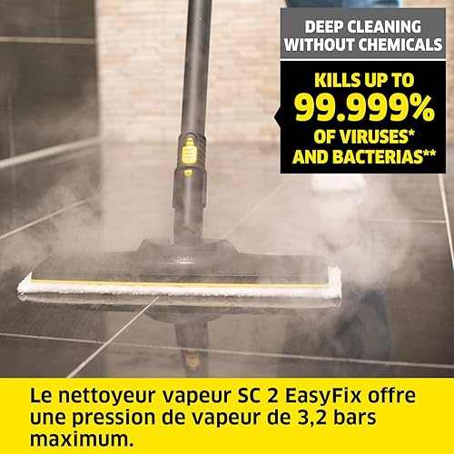 Kärcher Nettoyeur Vapeur SC 2 EasyFix, Pression Vapeur : 3,2 bar, Temps Préchauffage : 6,5 min, Puissance : 1 500 W, Surface : 75 m², Réservoir : 1 l, avec Set de Nettoyage de Sol EasyFix & Buses - Nail Gallerys