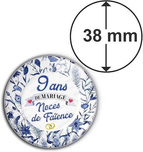 Badgmania Magnet Aimant | Anniversaire 9 Ans de Mariage Noces de Faïence | 3.8cm | Anneaux Mariage - Nail Gallerys