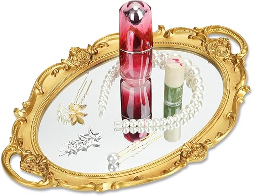 HMIEPRS Plateau Miroir Vintage, Plateau DéCoratif Doré pour CosméTiques, Plateau Organisateur pour Bijoux, Plateau De Maquillage Ovale pour Parfum, Plateau De Service pour Dressing, Chambre à Coucher - Nail Gallerys