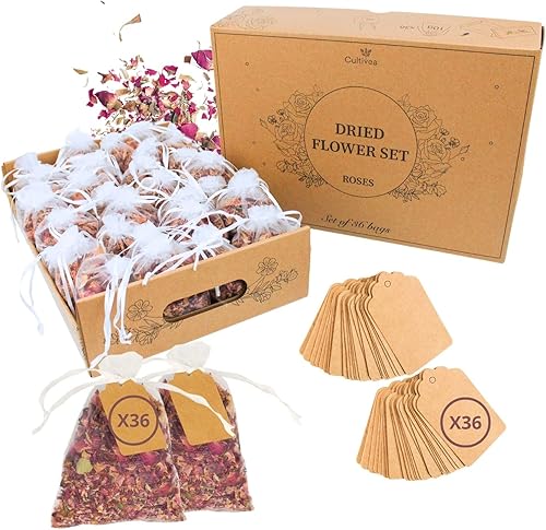 CULTIVEA® Plateau de 36 sachets de Fleurs séchées Naturelles – Roses - pour Mariage, Anniversaire, fête - Décoration Mariage - Confettis - Bougies et Résines - Pétales de Roses séchées (36) - Nail Gallerys